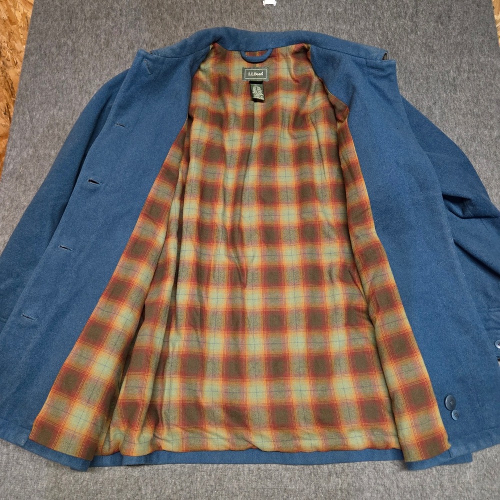 Vintage 90s LL Bean Wool Barn Coat Womens Petite L Blue Plaid Suede Chore Jacket - Picture 2 of 8